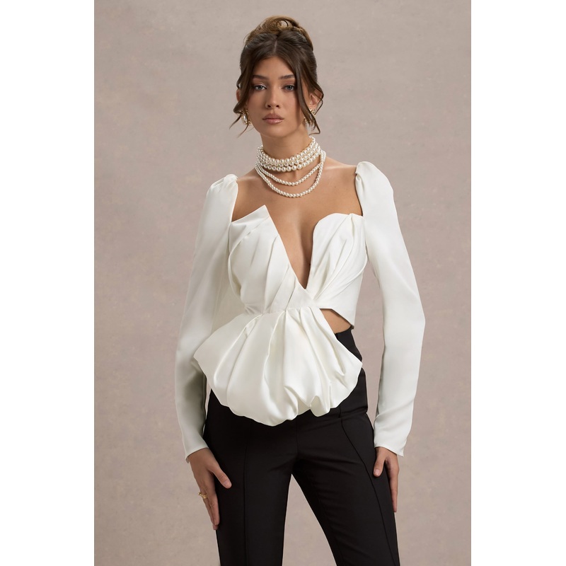 Bensley | Ecru Satin Asymmetric Plunge-Neck Top With Ruffle