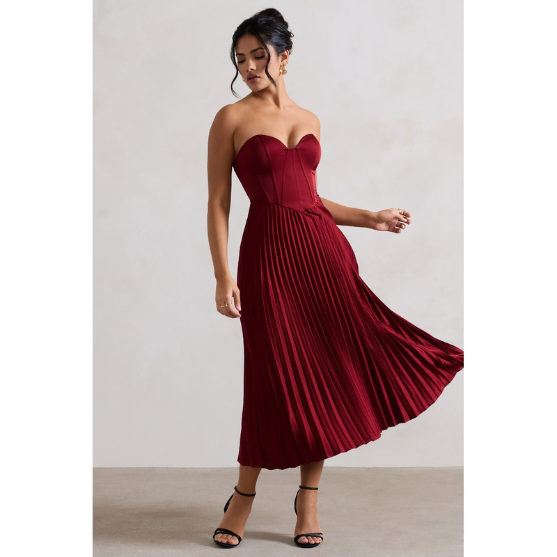 Bordeaux | Berry Satin Corset Style Midi Dress