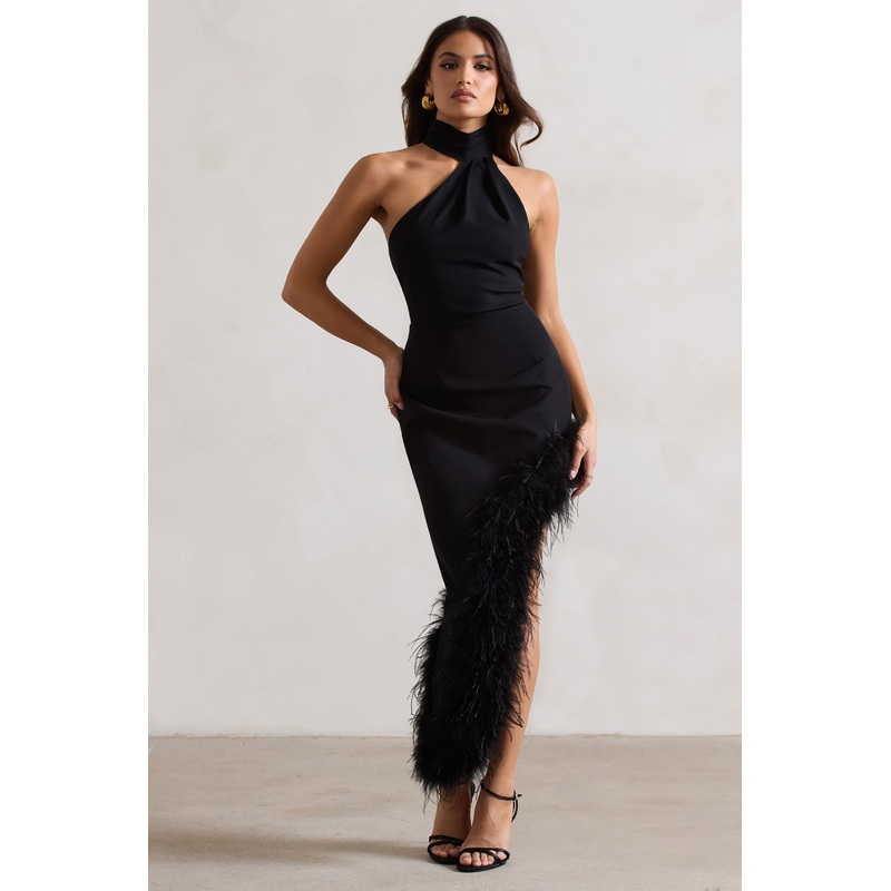 Brilliance | Black Asymmetric Maxi Dress With Feather Trim