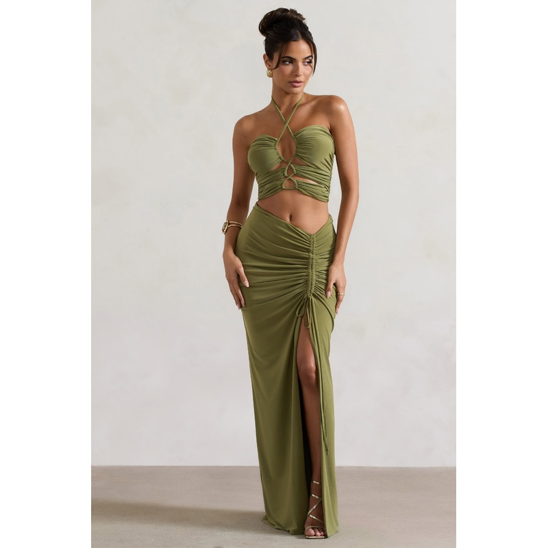 Cabo | Olive Ruched Split Maxi Skirt