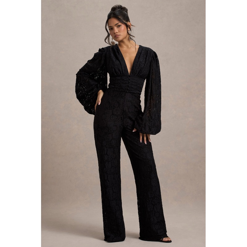 Calamina | Black Lace Plunge-Neck Wide-Leg Jumpsuit