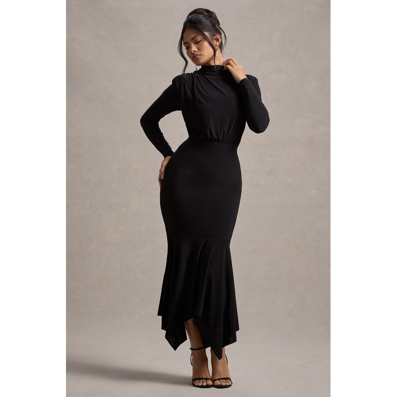 Carla | Black High-Neck Maxi Dress With Draped Hem