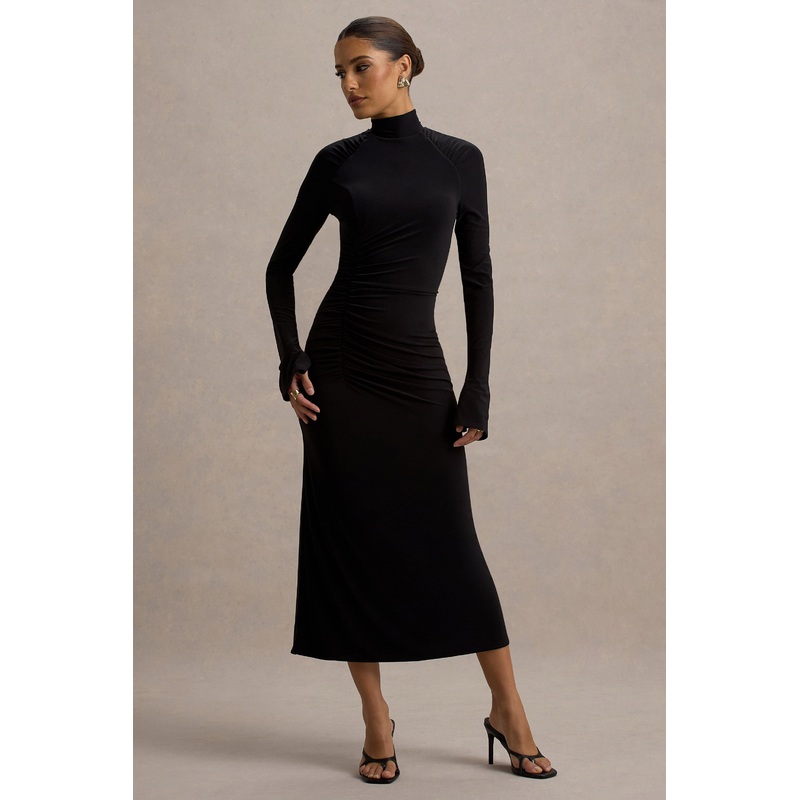 Cassandra | Black High-Neck Long-Sleeve Midi Dress