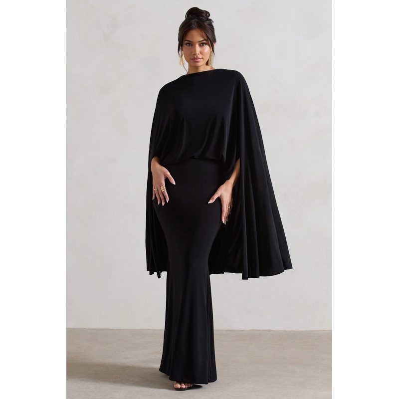 Charmaine | Black High-Neck Maxi Dress With Cape