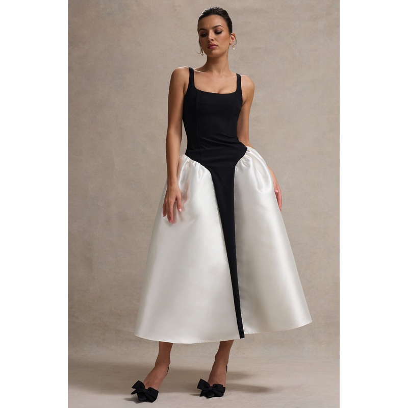 Christie | Black and Cream Scoop-Neck Midi Dress With Volume Skirt