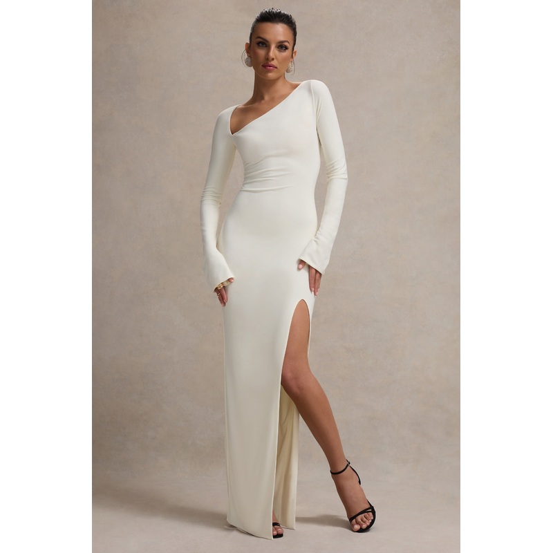 Cosmos | White Asymmetric Long-Sleeve Split Maxi Dress