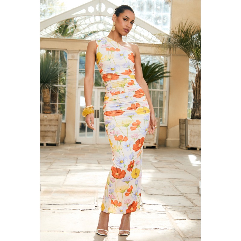 Dalarie | Bright Floral Print One-Shoulder Gathered Maxi Dress