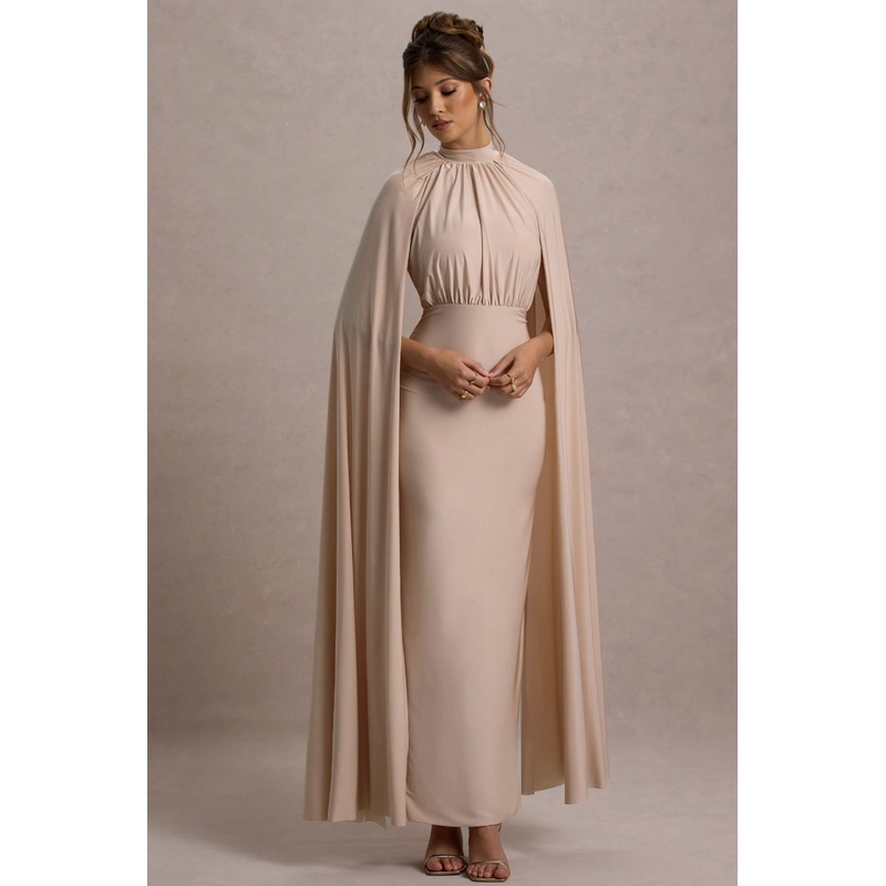 Darielle | Champagne High-Neck Cape-Sleeve Maxi Dress