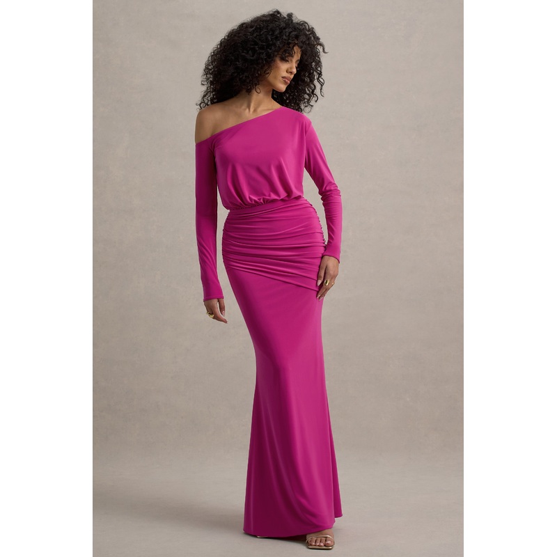 Deanna | Hot Pink Asymmetric Long-Sleeve Ruched Maxi Dress