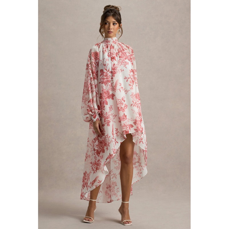 Delphia | Pink Porcelain Print High-Neck Maxi Dress With High-Low Hem