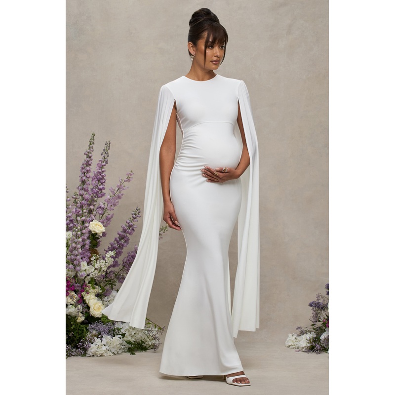 Divine Timing | White Maternity Maxi Dress With Cape Sleeves