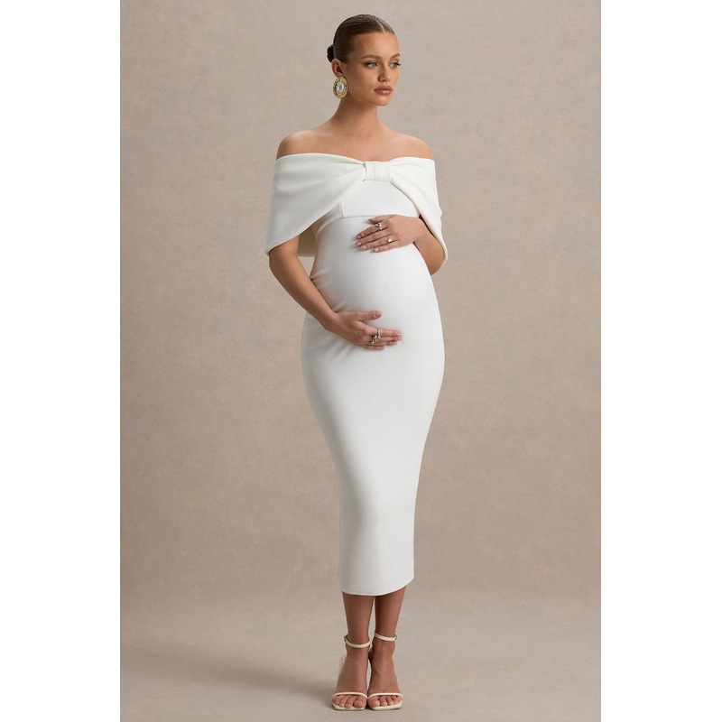 Droplet | White Bow Bardot Maternity Midi Dress
