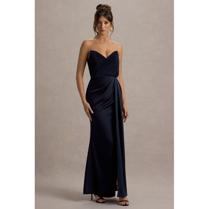 Edel | Navy Satin Strapless Maxi Dress With Drape