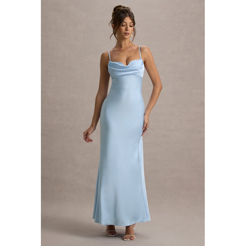 Eimear | Powder Blue Satin Draped Sweetheart Maxi Dress