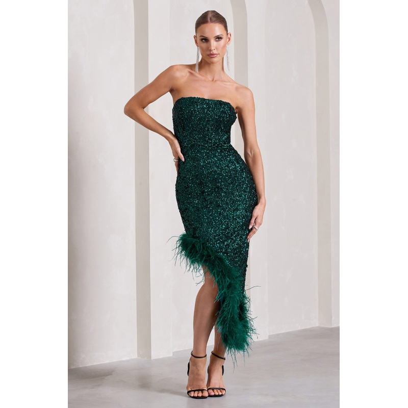 Emulate | Bottle Green Sequin Asymmetric Bandeau Maxi Dress With Feathers