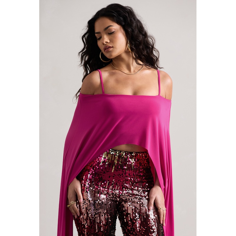 Floyd | Dark Pink Bardot Cape Sleeve Crop Top
