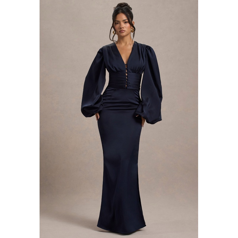Helsinki | Navy Satin V-Neck Balloon Sleeve Maxi Dress