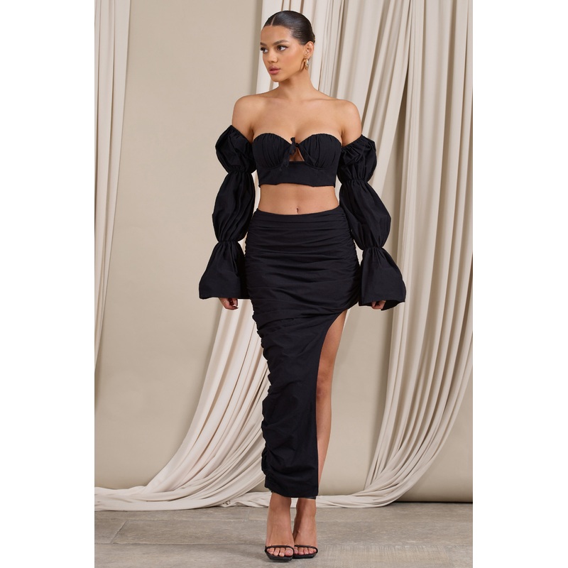 Holiday | Black Ruched Asymmetric Maxi Skirt