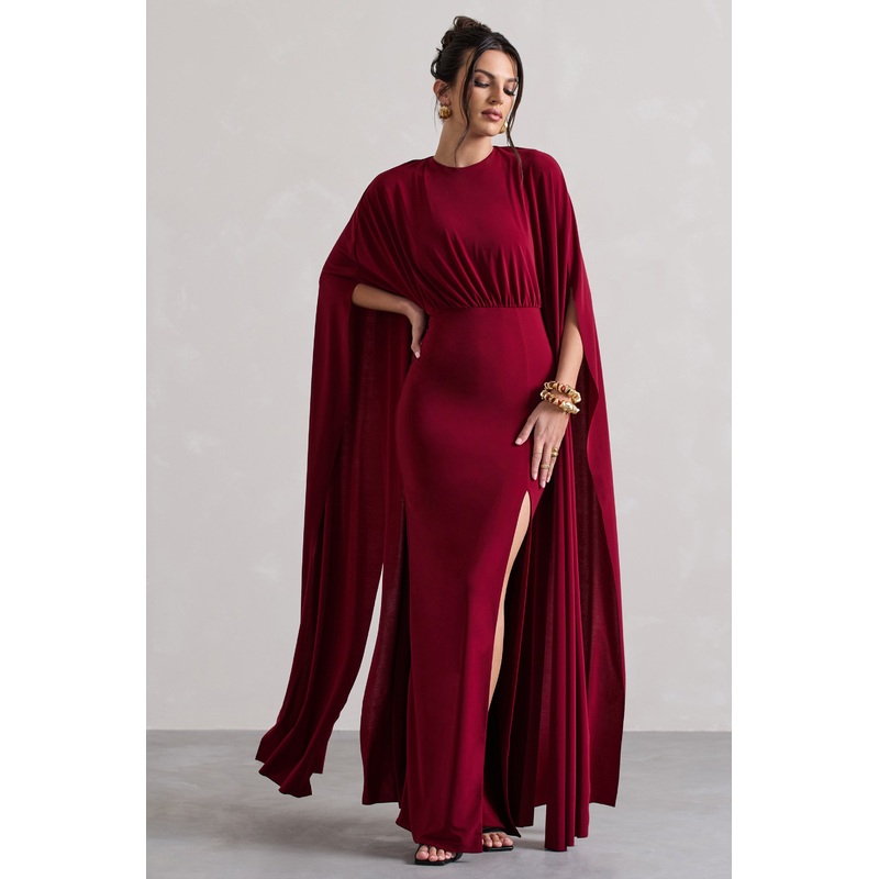 Ilaria | Berry Cape Sleeve Split Maxi Dress