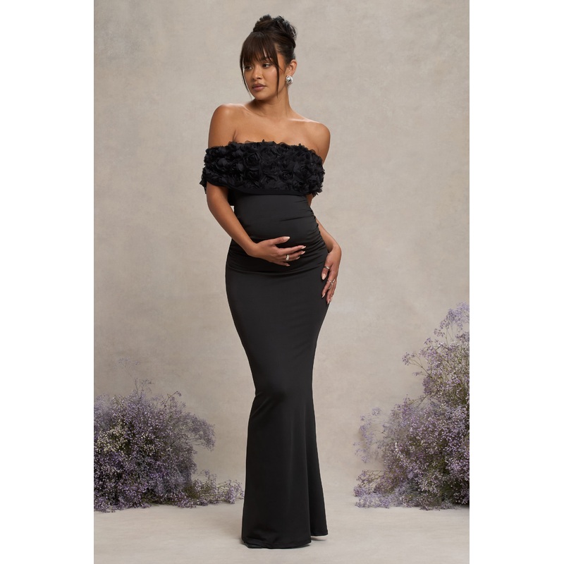 Inflorescence | Black Mesh Floral Bardot Maternity Maxi Dress