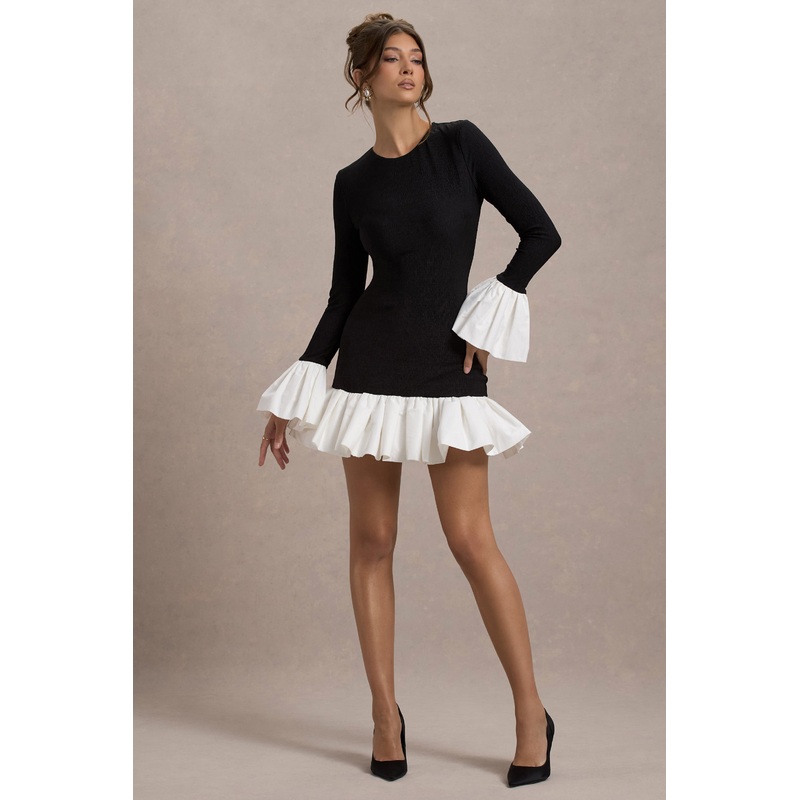 Josefina | Black Long-Sleeve Mini Dress With White Satin Trims