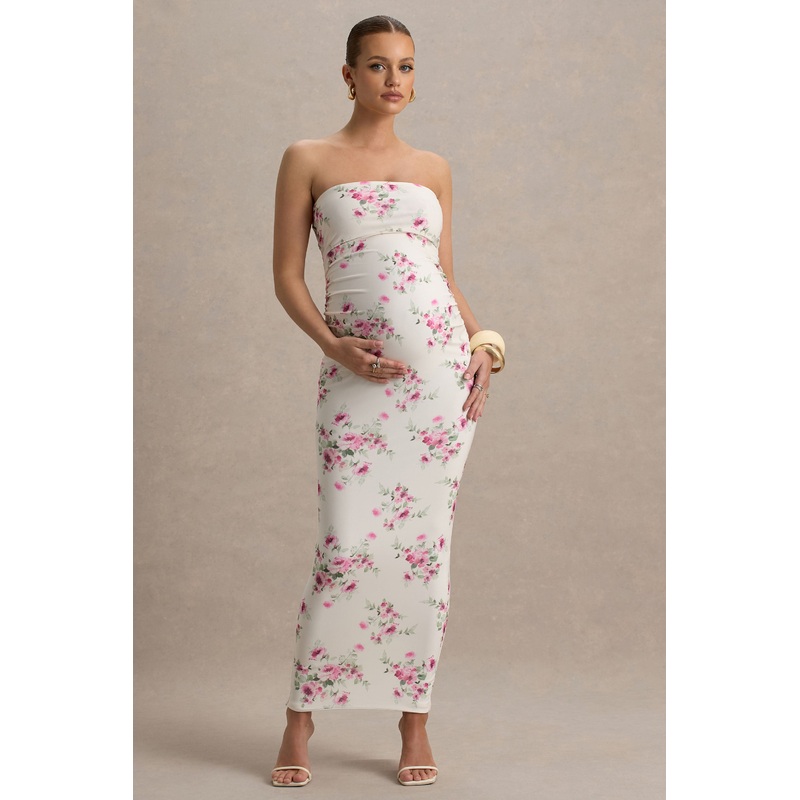 Juniper | Cream Floral Strapless Maternity Maxi Dress