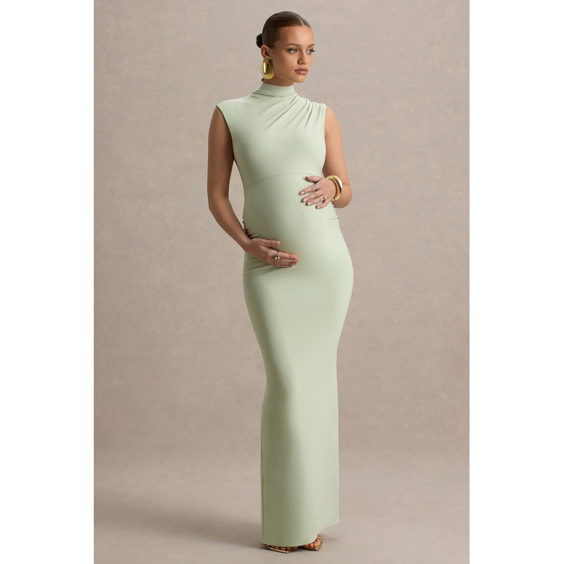 Kienna | Light Green Ruched High-Neck Maternity Maxi Dress