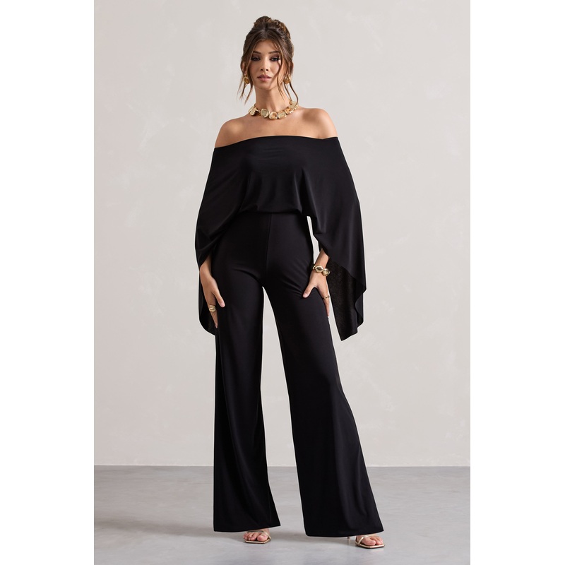 Kori | Black Bardot Wide-Leg Jumpsuit With Cape