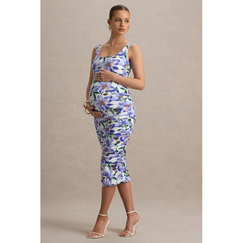Lisbon | Purple Lily Print Maternity Square Neck Ruched Midi Dress