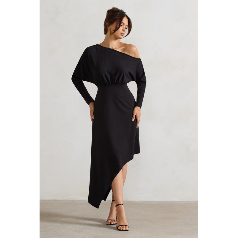 Lori | Black Asymmetric Long-Sleeve Maxi Dress