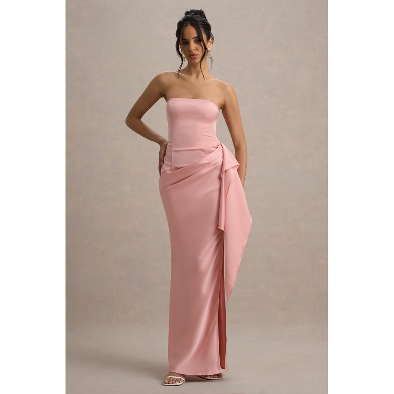 Loz | Light Pink Satin Bandeau Draped Maxi Dress