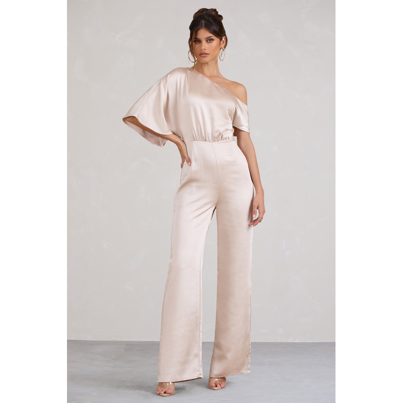 Marvellous | Champagne Satin Asymmetric Flared-Leg Jumpsuit