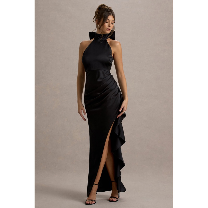 Maureen | Black Satin High-Neck Draped Maxi Dress