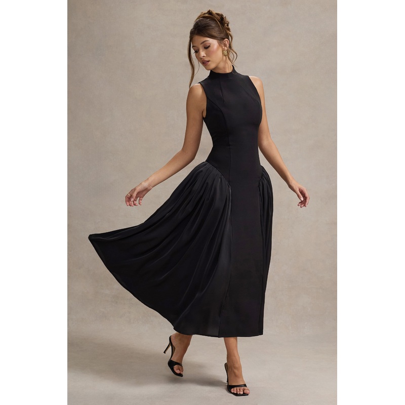 Napoli | Black High-Neck Volume-Skirt Midi Dress