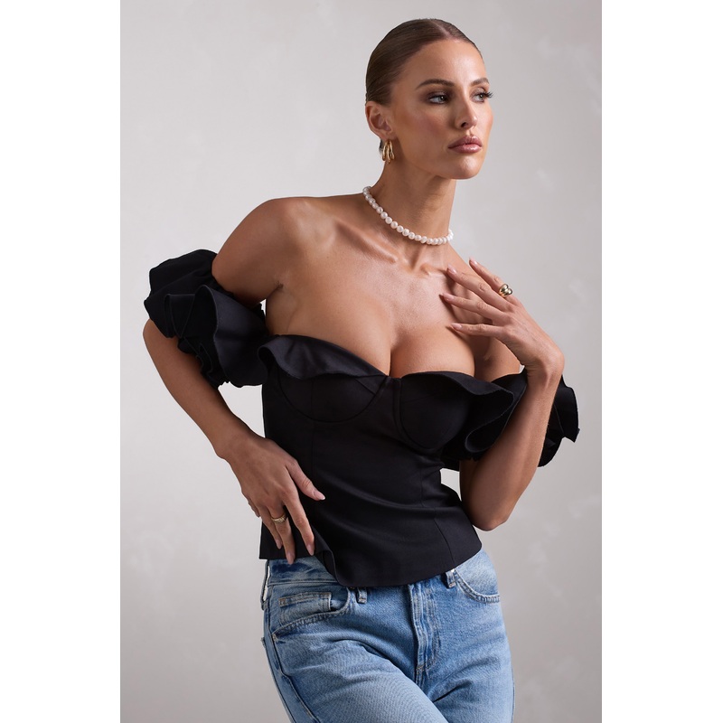 Naturally | Black Cotton-Blend Structured Bardot Top