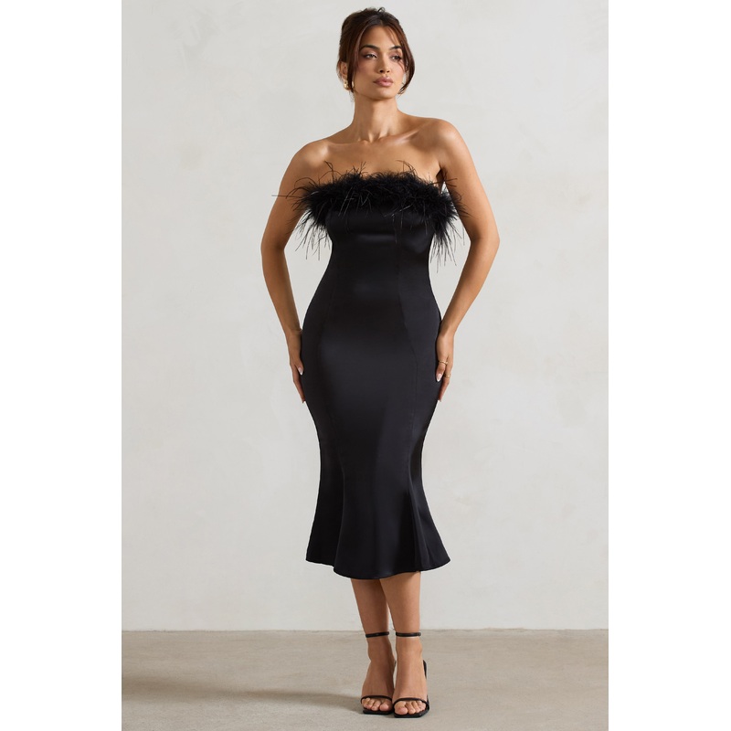 One And Only | Black Satin Feather Trim Bandeau Midi Dress