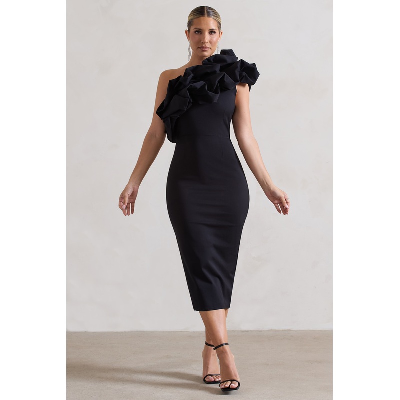 Orchestra | Black One Shoulder Ruffled Midi Dress