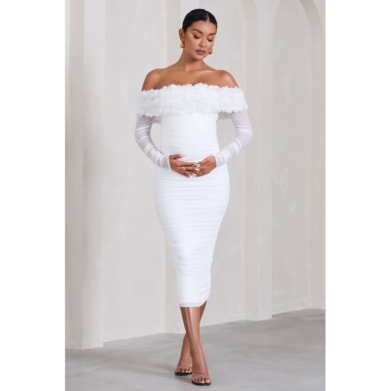 Orchid | White Ruched Mesh Floral Bardot Maternity Midi Dress