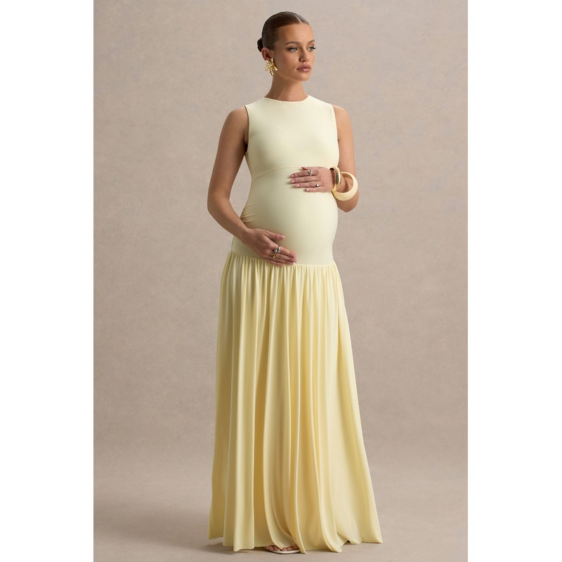 Outline | Lemon High-Neck Maternity Maxi Dress With Draped Skirt