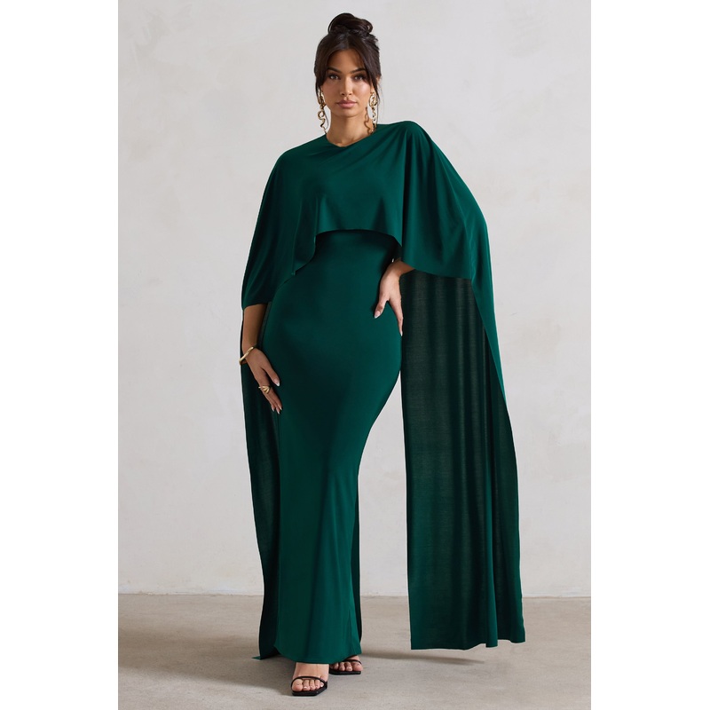Padma | Bottle Green Draped Maxi Dress With Cape Sleeves