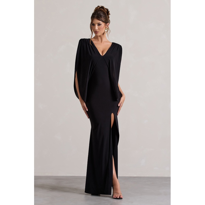 Perry | Black V-Neck Cape Sleeve Split Maxi Dress