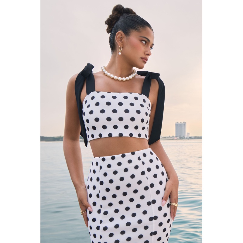 Phoebe | Black & White Polka Dot Crop Top With Tie Straps Tie