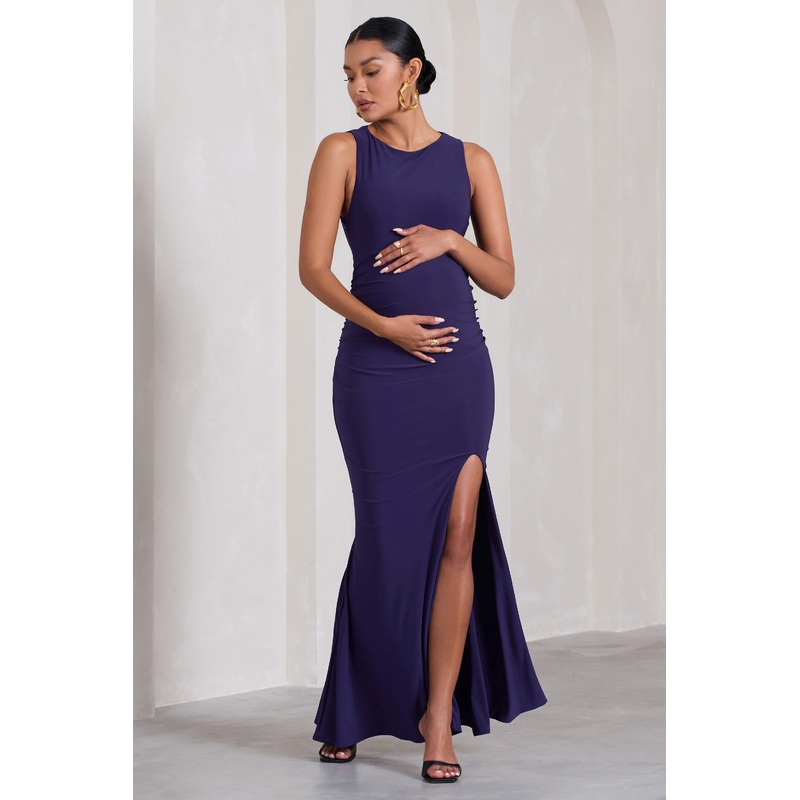 Pollie | Purple Cowl-Back Split Maternity Maxi Dress