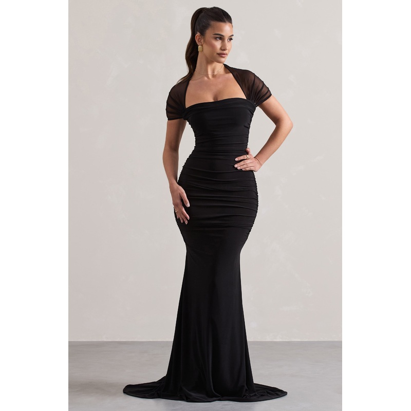 Prophecy | Black Fishtail Maxi Dress With Sheer Sleeves