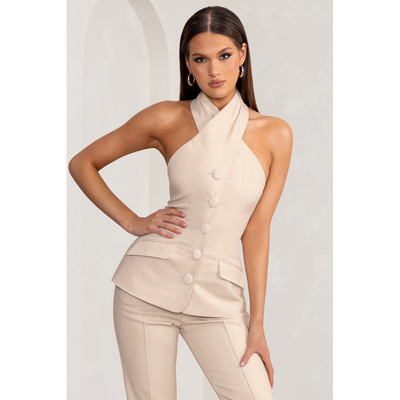 Remi | Stone Cross Halter Neck Tailored Sleeveless Blazer Top