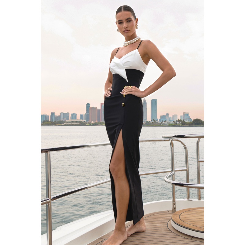 Rosalind | Black & White Strappy Tailored Maxi Dress With Split