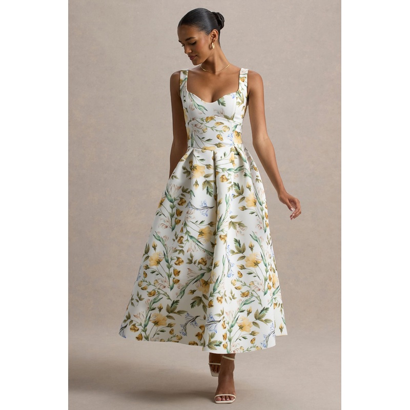 Rosemary | Floral Print Sweetheart Midi Dress With Drop Waist