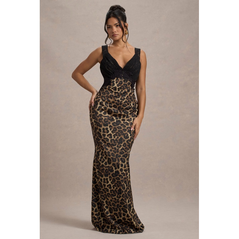 Sahara | Leopard Print Satin V-Neck Maxi Dress With Black Lace Trim
