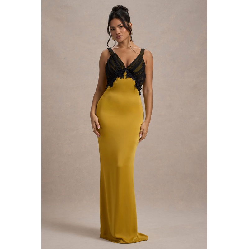 Sahara | Mustard Satin V-Neck Maxi Dress With Black Lace Trim