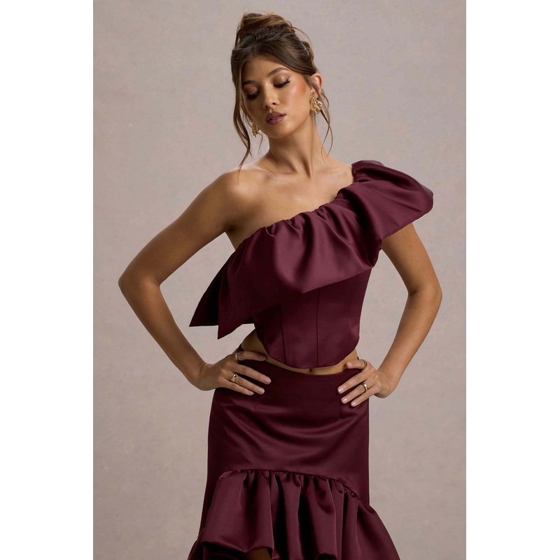 Sandie | Merlot Satin Bardot Ruffled Crop Top